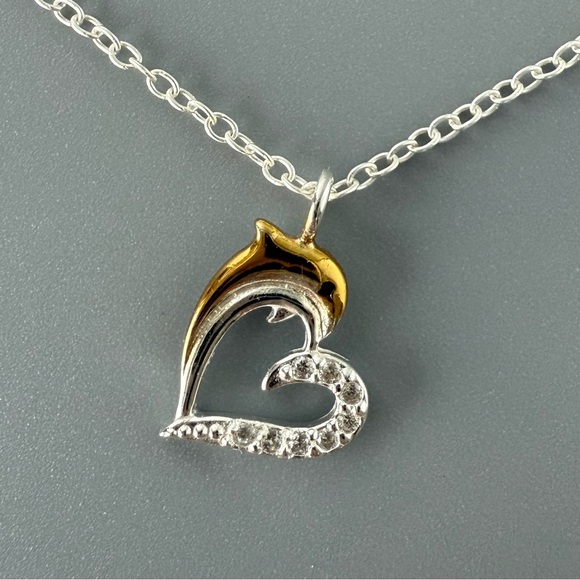 Sterling Silver Dolphin Heart Crystal Necklace - Picture 6 of 6